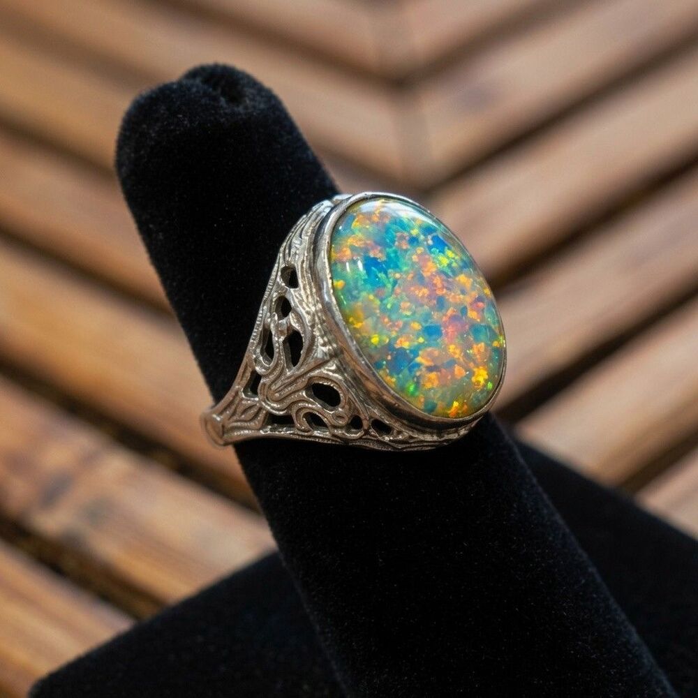 Vintage Filigree Opal Ring Size 5 W/ Attached Ring Guard-Vibrant Multicolor Fire